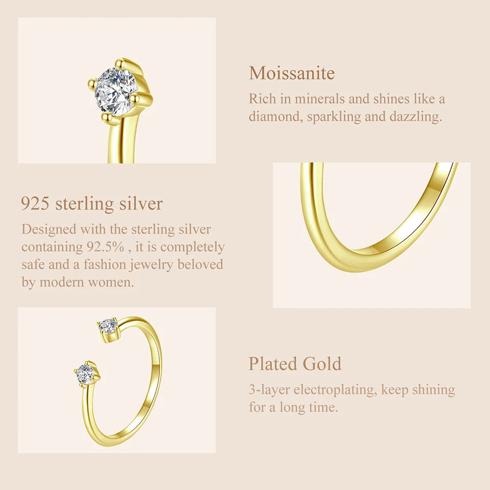 Adjustable Moissanite Open Ring – White Gold Plated 925 Sterling Silver with 0.1CT D Color VVS1 Stone for Women