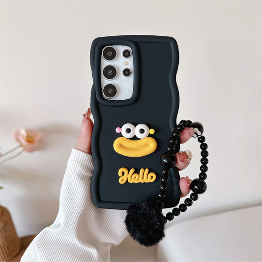Cute Cartoon Wave Case with Wrist Chain for Samsung Galaxy S25/S24/S23/S22/S21/S20 FE & A Series – 3D Lanyard TPU Cover with Beaded Bracelet