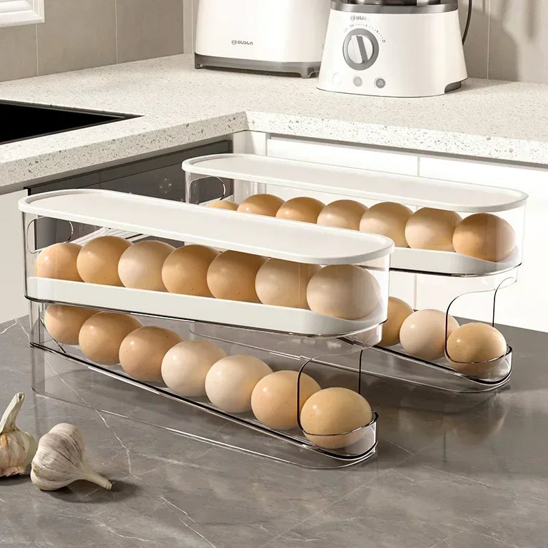 Two-Tier Automatic Rolling Egg Storage Box – Ladder Style Egg Organizer for Refrigerator