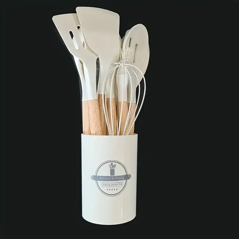 12-Piece Silicone Kitchen Utensil Set – Non-Stick Cooking Tools with Wooden Handles and Heat-Resistant Spatulas & Spoons