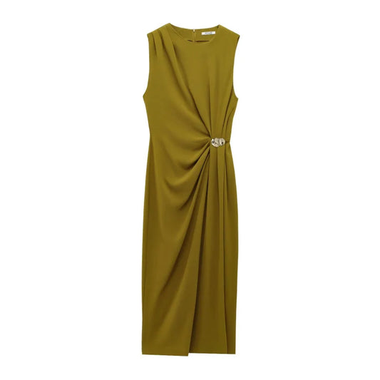 Women's Elegant Pleated Sleeveless Midi Dress – Round Neck Slit Dress with Sequins for All Seasons