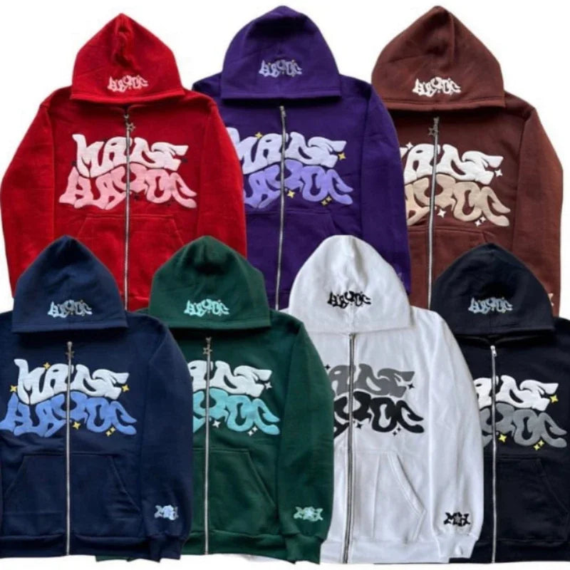 Y2K Star & Letter Print Zip-Up Hoodie – Unisex American Retro Style Thick Hooded Jacket for Spring & Autumn Casual Streetwear