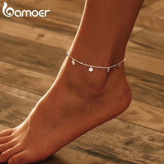 925 Sterling Silver Beaded Anklet – Minimalist Geometric Foot Chain Jewelry for Women