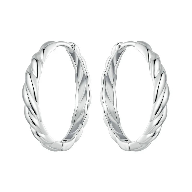 Sterling Silver Twisted Rope Huggie Hoop Earrings – White Gold Plated Lightweight Hypoallergenic Design