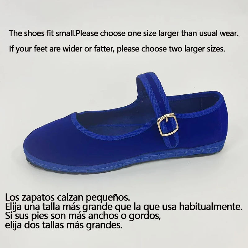 Velvet Canvas Mary Jane Flats – Hand-Stitched Casual Ballet Shoes for Women