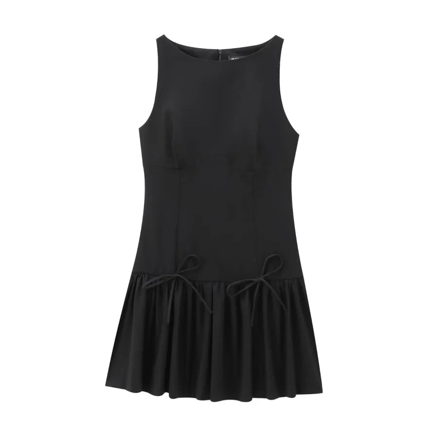 Sleeveless Black Mini Dress – Lace-Up Preppy Style A-Line School Dress
