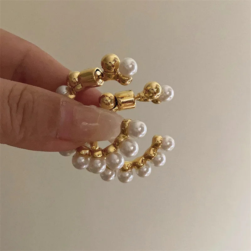 C-Shape Metal Pearl Stud Earrings – Fashionable Irregular Design for Women and Girls