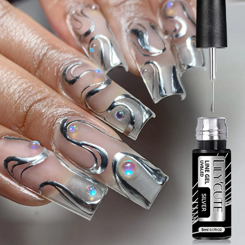 7ml Metallic Chrome Silver Mirror Effect Gel – Super Bright Line Art & French Tip Nail Painting Gel Polish