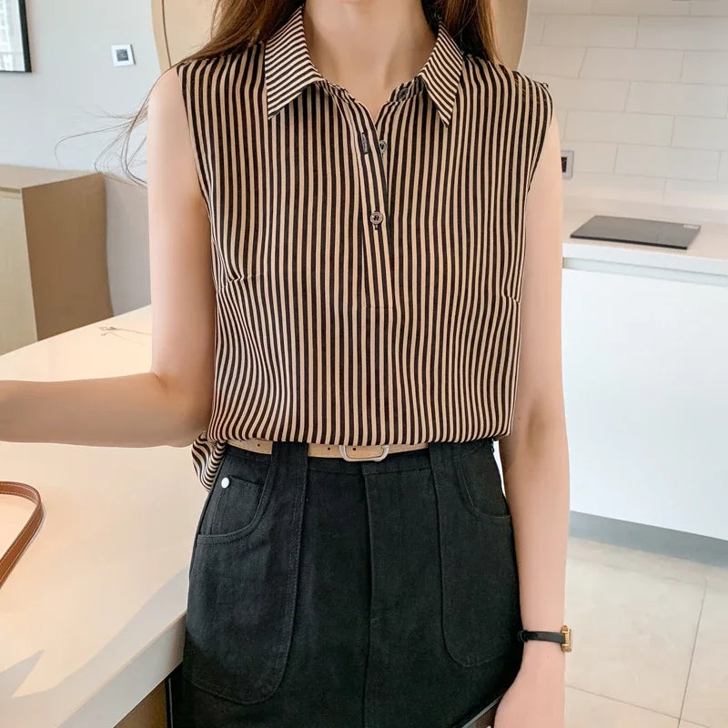 Striped Sleeveless V-Neck Blouse for Women – Slim Fit Chiffon Office Shirt, Elegant Summer Fashion