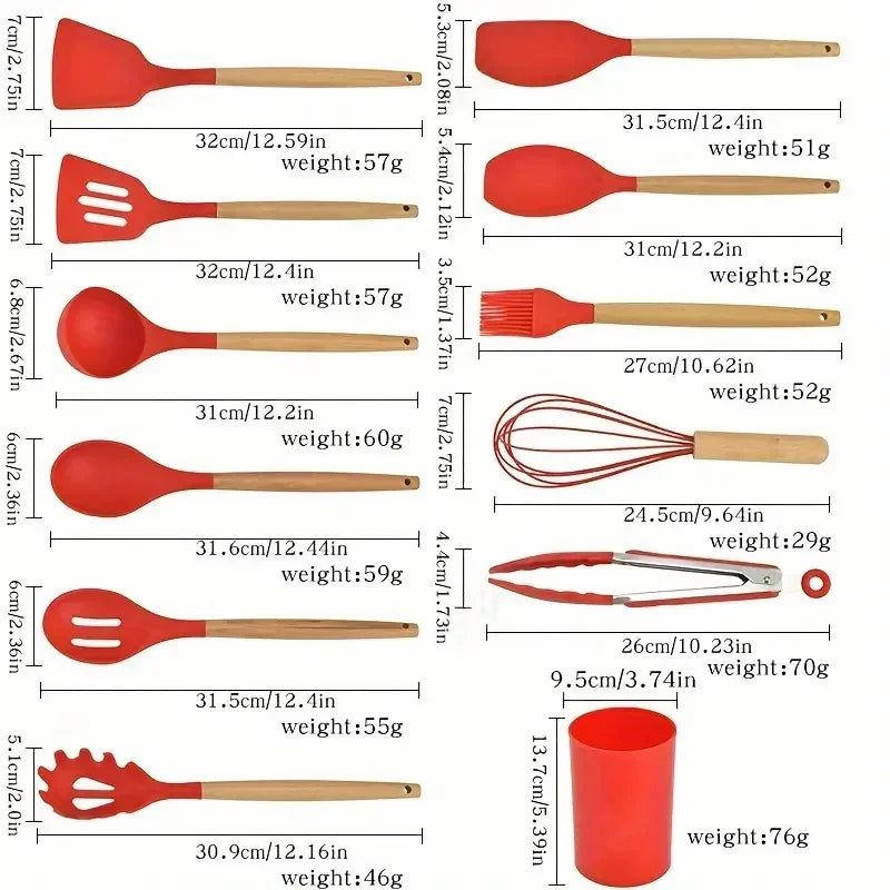12-Piece Silicone Kitchen Utensil Set – Non-Stick Cooking Tools with Wooden Handles and Heat-Resistant Spatulas & Spoons