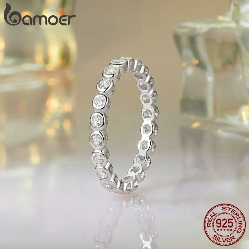 White Gold Plated Bubble Moissanite Ring – 925 Sterling Silver Bezel Set Full Eternity Band for Women