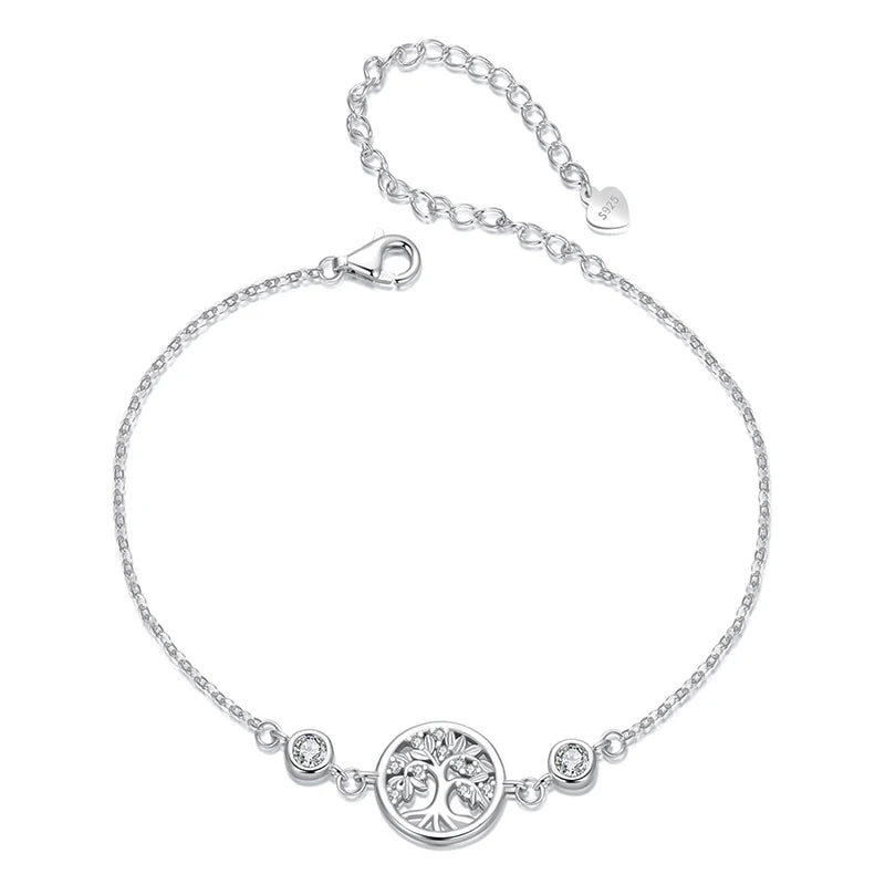 Tree of Life Bracelet – 925 Sterling Silver Adjustable Chain with Zircon Accents for Women