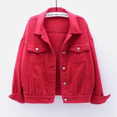 Women's Pure Color Denim Jacket – Lapel Collar Single-Breasted Short Coat with Pockets
