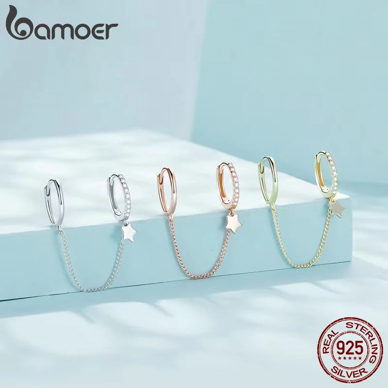 Sterling Silver Mono Double Hoop Chain Earring – Star Statement Design for Women & Teen Girls (Single Piece)
