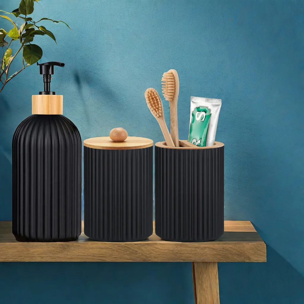 Bathroom Countertop Organizer – Hand Soap Dispenser, Cotton Ball Storage Box, and Toothbrush Holder with Bamboo Accents