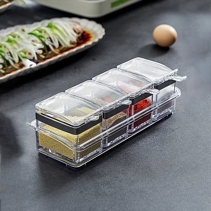 Clear Seasoning Box Set – 4 Crystal Spice Containers with Lids & Spoons, Compact Organizer for Kitchen or Camping
