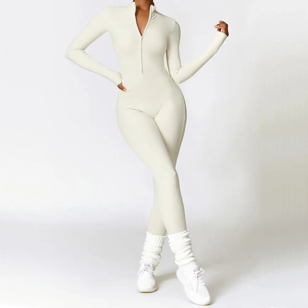 Women's Velvet Long Sleeve Yoga Jumpsuit – Thermal One-Piece Fitness Activewear for Pilates, Gym & Training