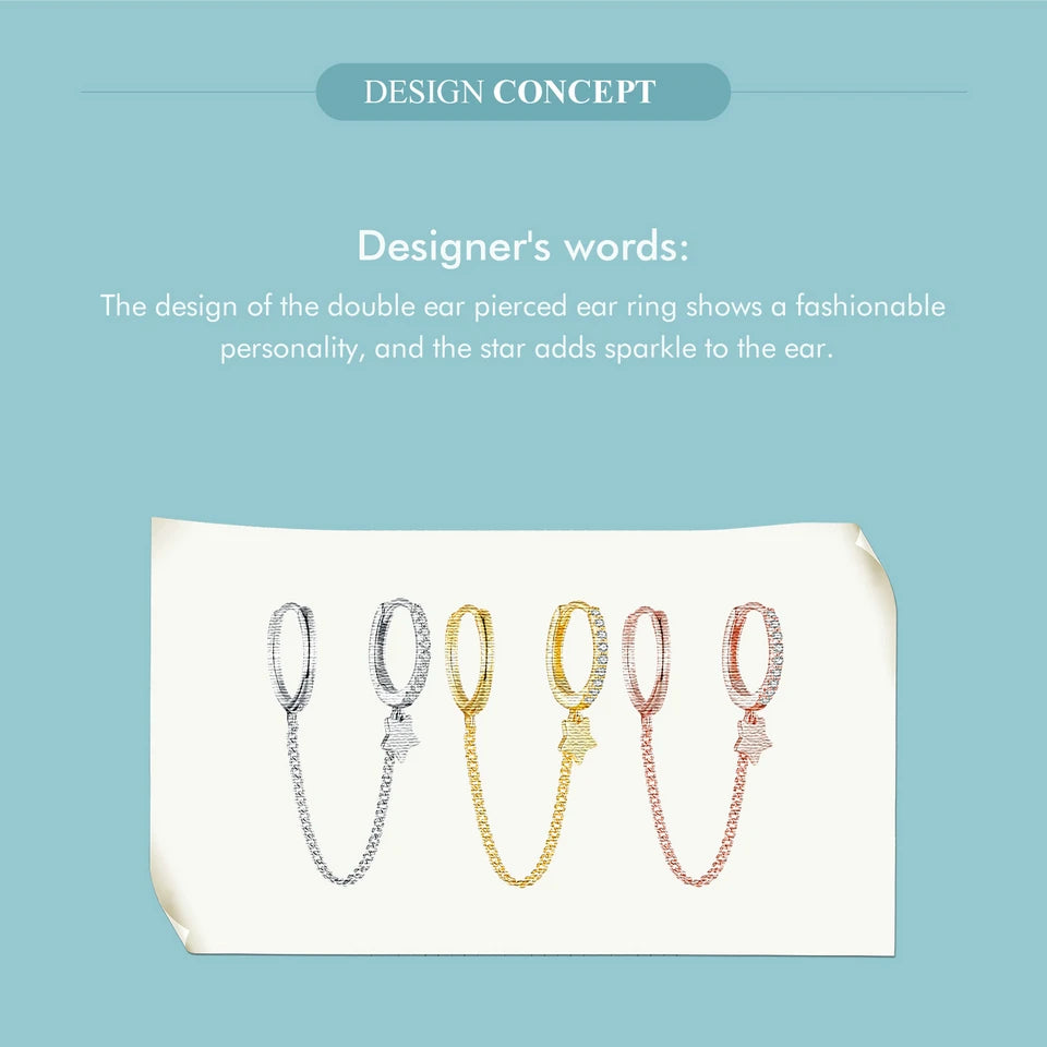 Sterling Silver Mono Double Hoop Chain Earring – Star Statement Design for Women & Teen Girls (Single Piece)