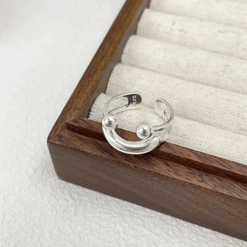 925 Sterling Silver Playful Smiling Face Ball Cocktail Ring for Women – Adjustable Statement Jewelry for Birthday, Party, or Everyday Style