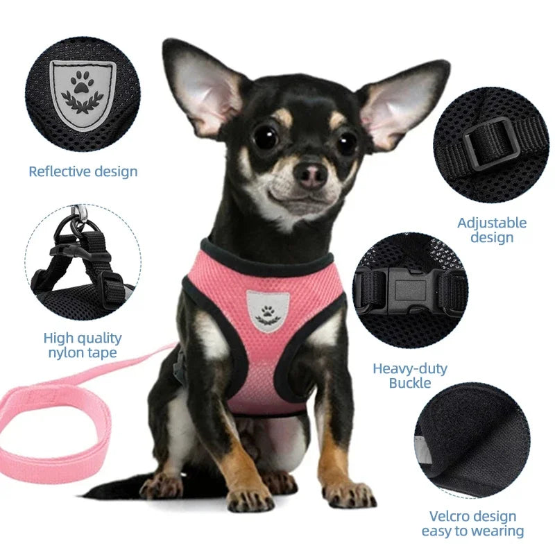 Adjustable Reflective Mesh Dog & Cat Harness with Leash – Breathable Vest for Small Pets