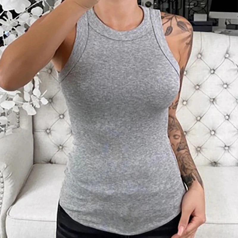 Women's Ribbed Round Neck Tank Top – Solid Color Elastic Cotton Camisole for Summer Casual Wear
