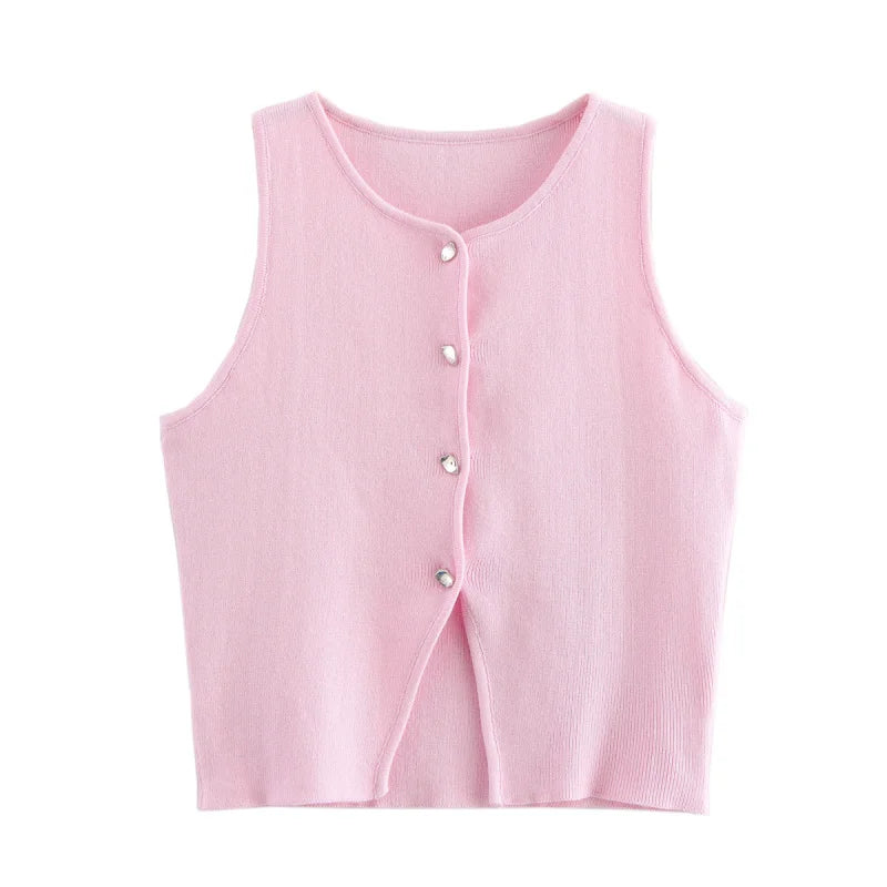 Slim Fit Knit Button Vest – Sleeveless Round Neck Solid Color Crop Top
