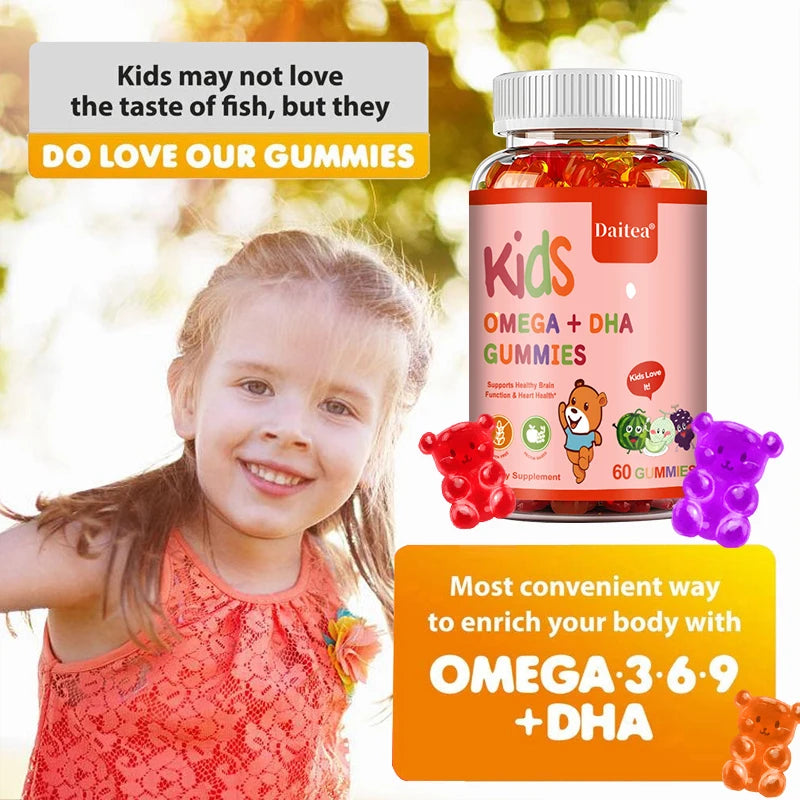 Children's Omega + DHA Gummies – Omega 3-6-9 with Vitamin C for Brain, Heart, Eye & Immune Support – 60 Gummies