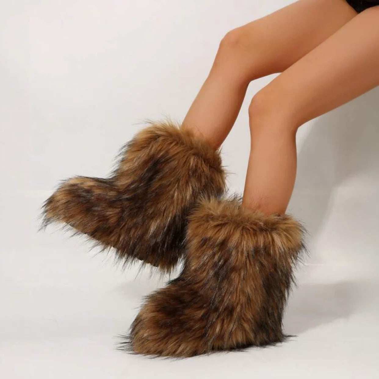 Women's Faux Fur Winter Snow Boots – Fluffy Plush Mid-Calf Slip-On Boots with Flat Sole for Cold Weather Comfort