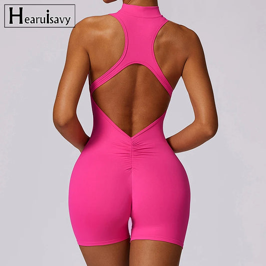 V-Back Scrunch Sports Jumpsuit for Women – Sleeveless Zipper One-Piece Gym Romper for Yoga & Fitness