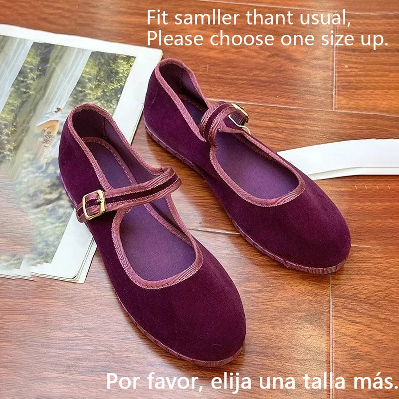 Velvet Canvas Mary Jane Flats – Hand-Stitched Casual Ballet Shoes for Women