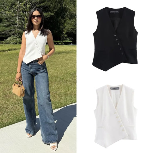 Women's Asymmetrical V-Neck Suit Waistcoat & High-Waisted Trousers – Elegant 2-Piece Office Lady Set