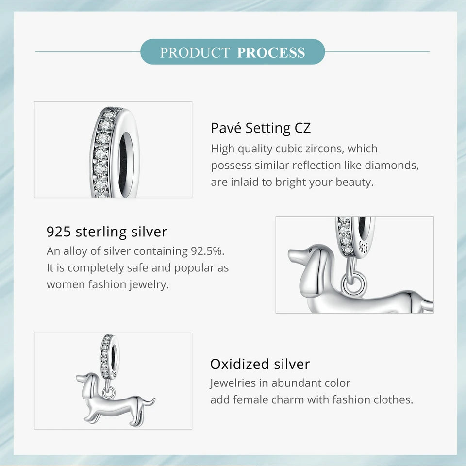 Sterling Silver Dog Charm Bead – Poodle & Dachshund Pendant for Charm Bracelets, DIY Jewelry for Women