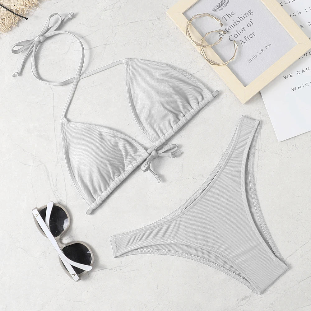 Solid Color Low Waist Bikini Set – Sexy Wire-Free Two-Piece Swimwear for Women