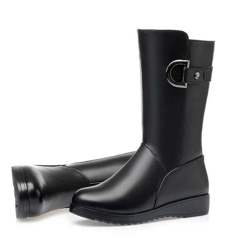 Women's Ankle Boots with Zipper and Thick Low Heel – PU Leather Punk Style Winter Shoes
