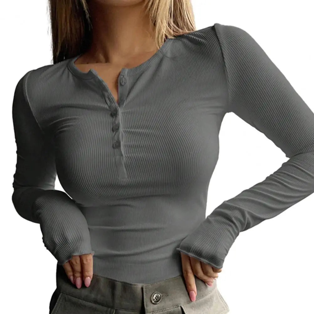 Slim Fit Long Sleeve Pullover Blouse – Women's Solid O-Neck Button Top for Autumn and Spring