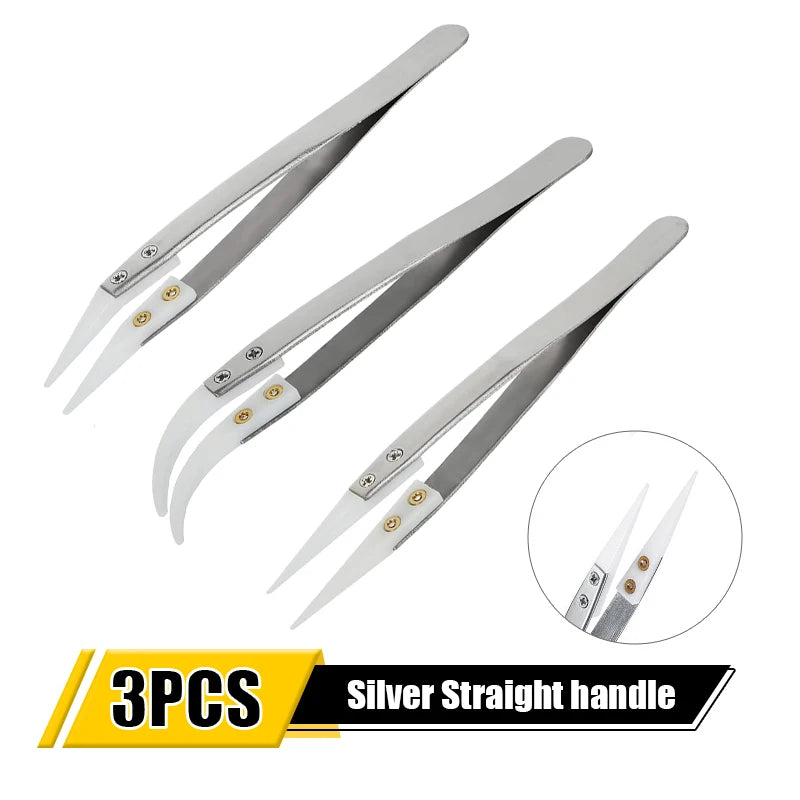 1/3pcs Ceramic Tip Stainless Steel Tweezers Set – Anti-Static Heat & Acid Resistant Soldering Tools