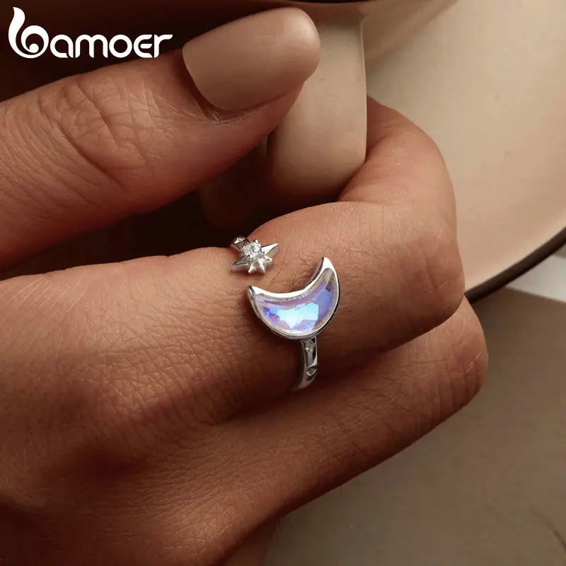 Sterling Silver Adjustable Moon and Star Ring – 925 Silver Cocktail Jewelry for Women
