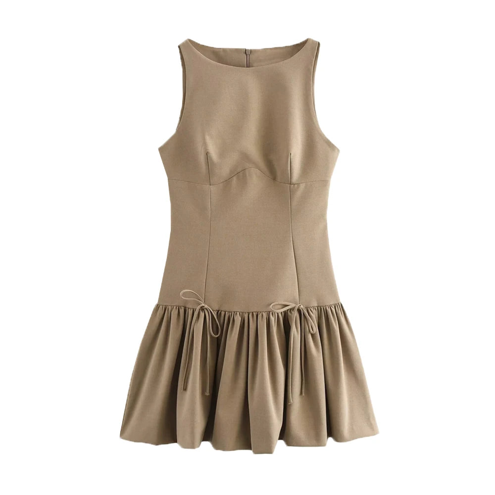 Chic Ruffled Mini Dress with Bows – Sleeveless O-Neck Casual A-Line Dress for Women
