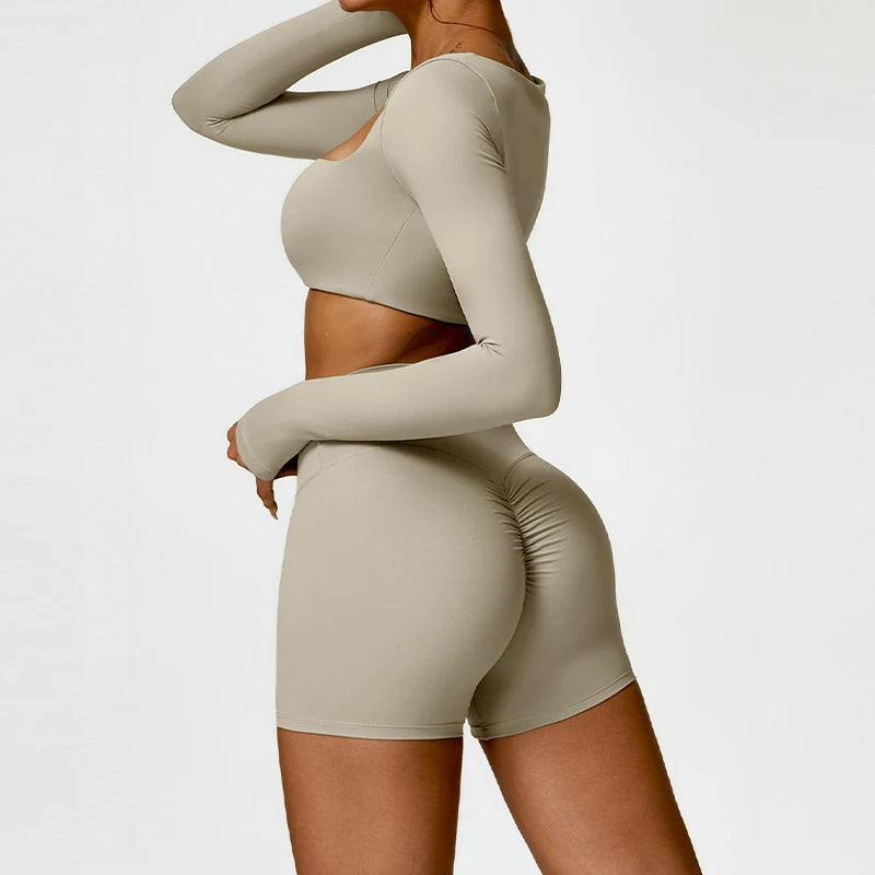 2PCS Quick-Dry Yoga Workout Set – Long Sleeve Top & High Waist Leggings for Women