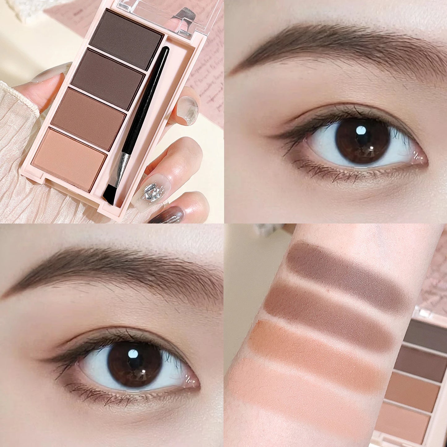 4-Color Eyebrow Powder Palette with Brush – Gray & Brown Matte Tones for Natural Long-Lasting Definition