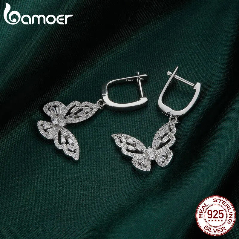 Sterling Silver CZ Butterfly Hoop Earrings – Elegant Dangle Charm Drop Earrings for Women and Girls