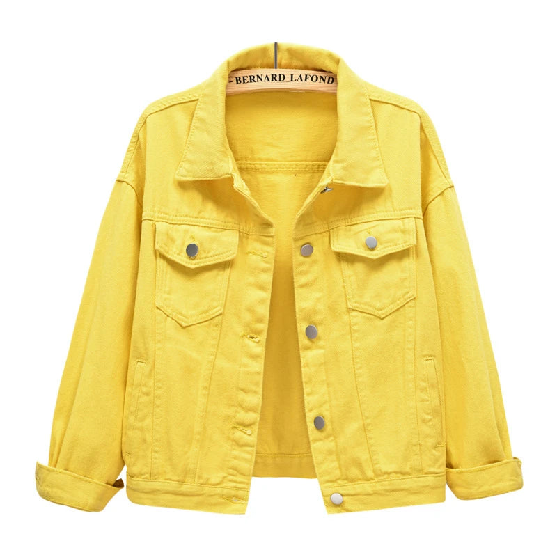 Women's Pure Color Denim Jacket – Lapel Collar Single-Breasted Short Coat with Pockets