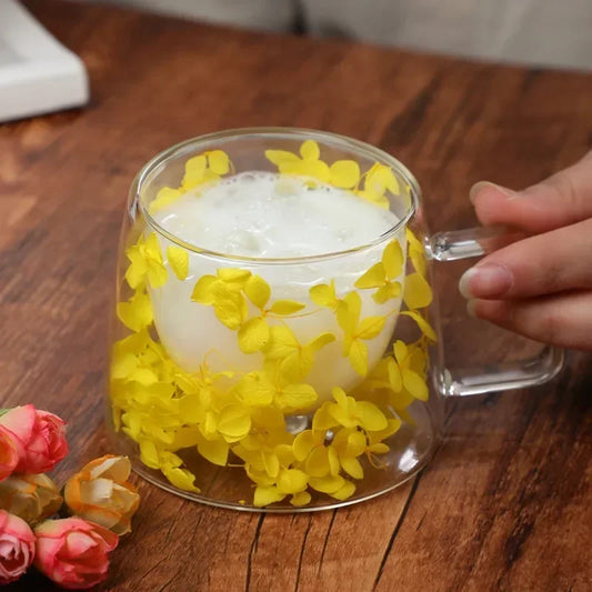 200ml Double-Wall Glass Coffee Cup with Handle – Transparent Floral Design, Heat-Resistant Insulated Juice Mug
