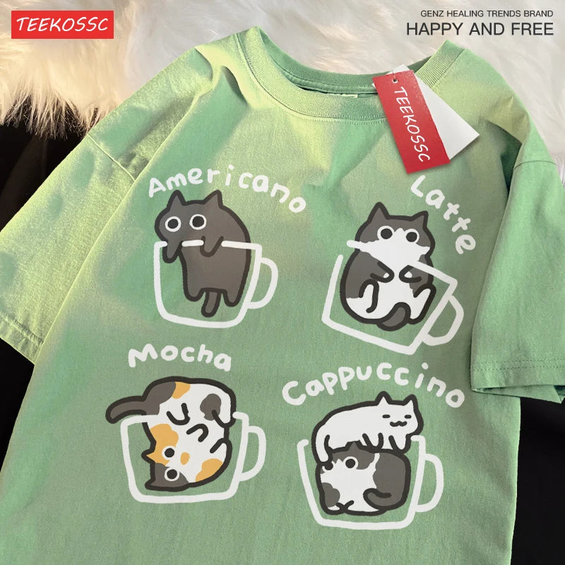 Cat Coffee Cotton T-Shirt – Fun Mocha Latte Print, Loose Fit Summer Tee for Men and Women