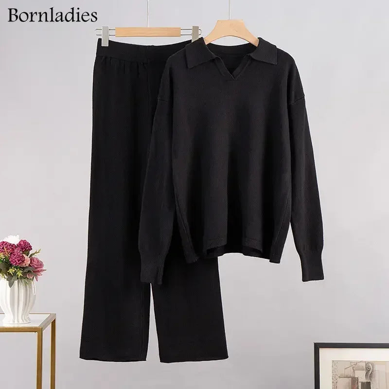 Women's Winter 2-Piece Knit Set – Polo Neck Sweater and Wide Leg Pants Lounge Outfit for Cold Weather