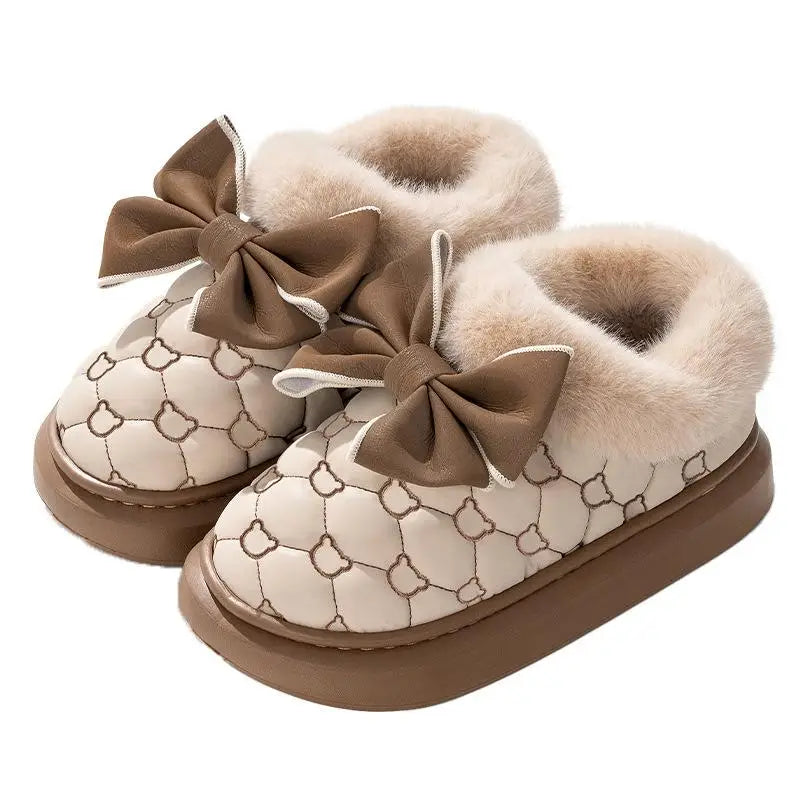Women's Platform Snow Booties – Cute Bowknot Indoor Winter Slippers with Plush Lining and Flat Sole