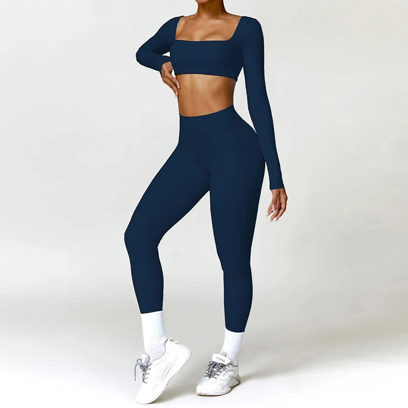 2PCS Quick-Dry Yoga Workout Set – Long Sleeve Top & High Waist Leggings for Women