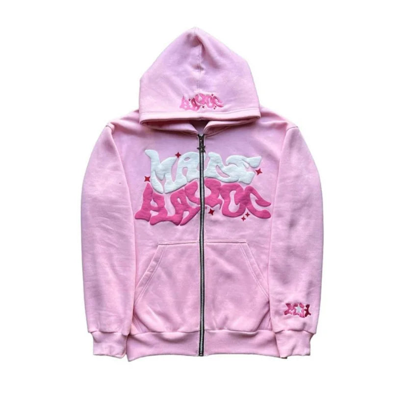 Y2K Star & Letter Print Zip-Up Hoodie – Unisex American Retro Style Thick Hooded Jacket for Spring & Autumn Casual Streetwear
