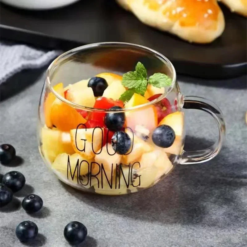 350ml Transparent Letter-Printed Glass Mug – Heat-Resistant Borosilicate Coffee, Tea, or Milk Cup with Handle