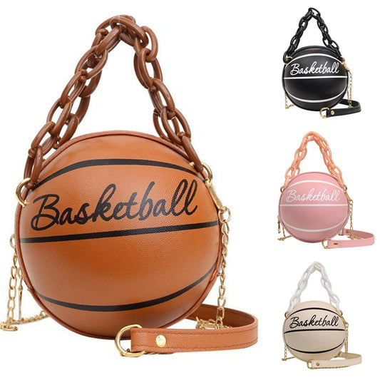 Women's Round Basketball Handbag – PU Leather Crossbody Bag with Zipper Closure & Cartoon Letter Detail